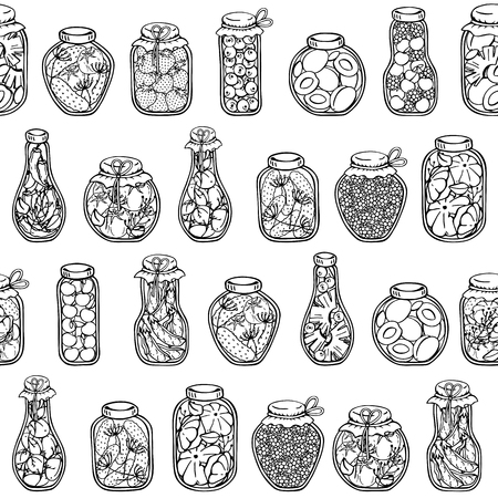 Pattern of vector illustrations on the nutrition theme; jars of canned vegetables and fruits. Realistic isolated objects for your design. Each object can be changed and moved.のイラスト素材