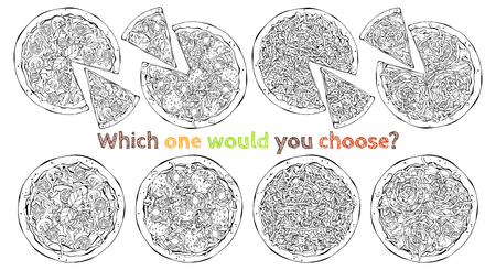Group of vector illustrations on the fast food theme: set of different kinds of pizzas. Sketch.のイラスト素材