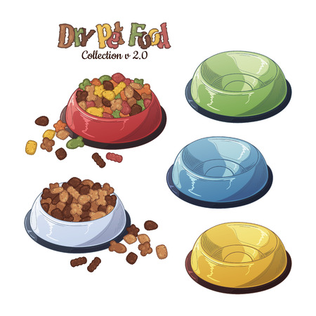 Group of vector colorful illustrations on the nutrition theme Bowls with dry food for dogs and cats. Realistic isolated objects for your design.のイラスト素材