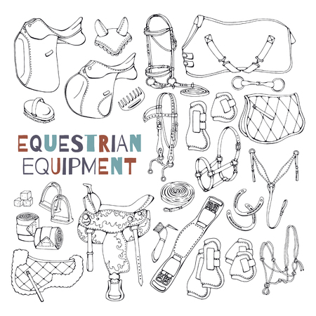 Vector illustrations on the equestrian theme accessories and clothing for horses and riders. Isolated objects for your design. Each object can be changed and moved.のイラスト素材