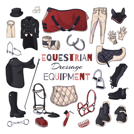 Vector illustrations on the equestrian theme. Dressage: accessories and clothing for horses and riders. Isolated objects for your design. Each object can be changed and moved.のイラスト素材