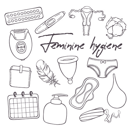 Vector illustrations on the feminine hygiene theme: accessories for the care of the female body. Isolated objects for your design. Each object can be changed and moved.のイラスト素材