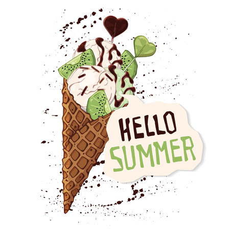 Vector Ice cream in waffle cones decorated with berries, chocolate or nuts.のイラスト素材