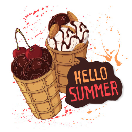 Vector Ice cream in waffle cones decorated with berries, chocolate or nuts.のイラスト素材