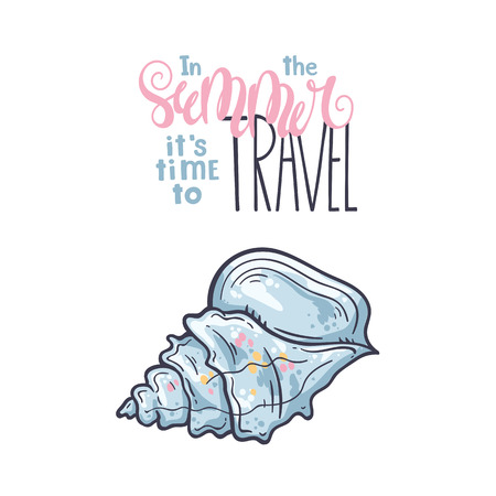 Vector seashells sketches. Lettering: In the summer it is time to travel.のイラスト素材