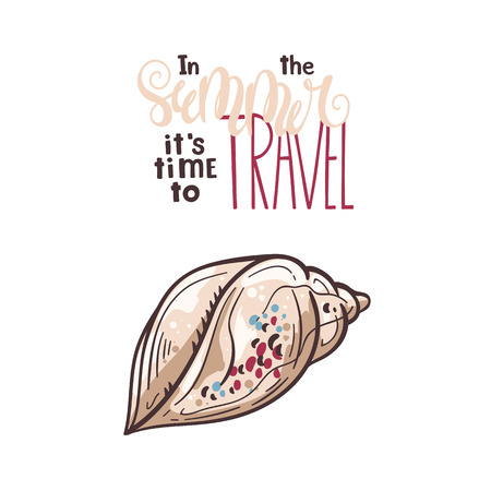 Vector seashells sketches. Lettering: In the summer it is time to travel.のイラスト素材