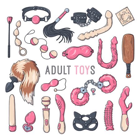 Sex toys for adults. Accessories for erotic games. Vector illustration.のイラスト素材