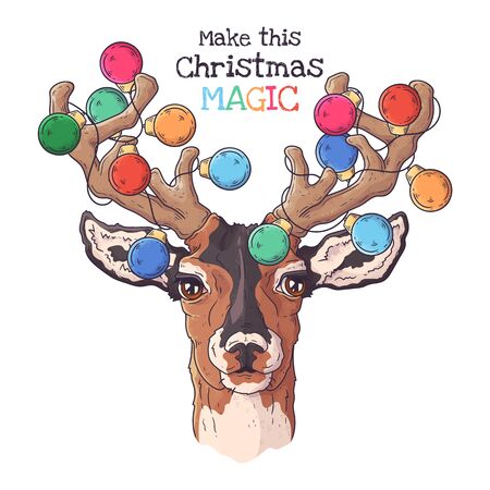 Hand drawn portrait of deer in Christmas accessories Vector.のイラスト素材