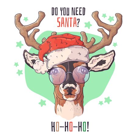 Hand drawn portrait of deer in Christmas accessories Vector.のイラスト素材