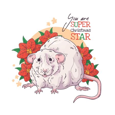 Hand drawn portrait of rat with Christmas flowers Vector.のイラスト素材