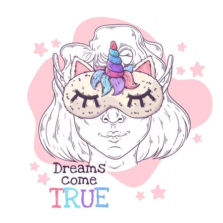 Vector hand drawn illustration. Portrait of the cute girl in a night mask with a horn. Each object can be changed and moved for your design.のイラスト素材