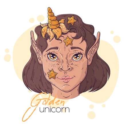Vector hand drawn illustration. Portrait of the cute girl with a magic unicorn horn. Each object can be changed and moved for your design.のイラスト素材