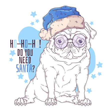 Vector hand drawn illustrations. Portrait of cute pug dog in Santa hat. Line art. Each object can be changed and moved for your design.のイラスト素材