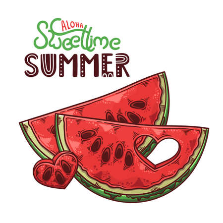 Vector hand drawn watermelon. Lettering: aloha sweet time summer.のイラスト素材