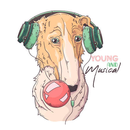 Hand drawn Borzoi dog inflates a bubble gum Vector. Isolated objects for your design. Each object can be changed and moved.のイラスト素材