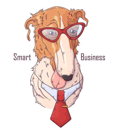 Hand drawn Borzoi dog with tie Vector. Isolated objects for your design. Each object can be changed and moved.のイラスト素材