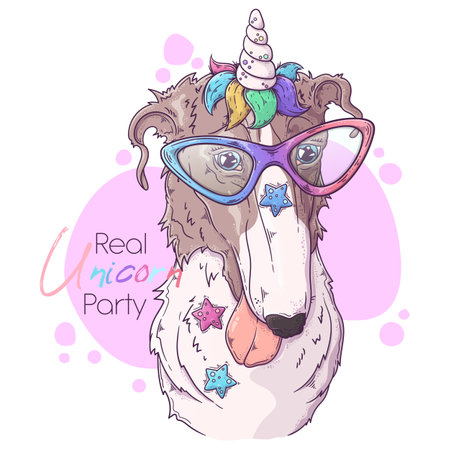 Hand drawn Borzoi dog with unicorn horn Vector. Isolated objects for your design. Each object can be changed and moved.のイラスト素材