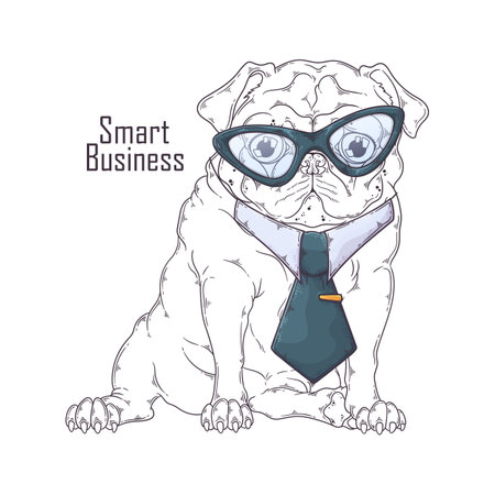 Hand drawn pug dog in tie Vector. Isolated objects for your design. Each object can be changed and moved.のイラスト素材