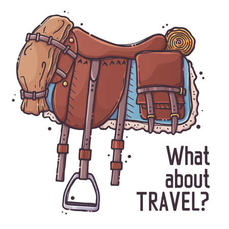 Cavalry saddle. Equestrian ammunition. Riding saddle. Isolated object for backgrounds, textile, postcards, t-shirt prints. element for horses. Vector hand drawn style illustration.のイラスト素材