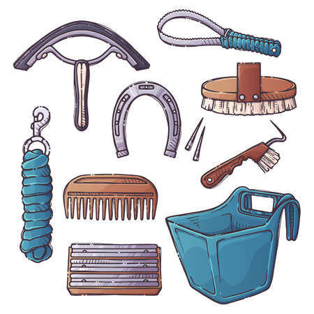 horse care accessories. Collection equestrian objects for backgrounds, wallpapers, textiles, postcards, t-shirt prints. Set elements for horses. Vector hand drawn style illustration.のイラスト素材