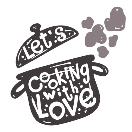 Kitchen utensils food elements. Lettering quote about cooking. Pot for badges, labels, logo, bakery, snack bar, country fair, kitchen classes, cafe.のイラスト素材