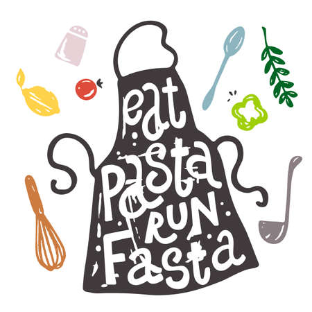 Kitchen utensils food elements. Lettering quote about cooking. Cooking apron for badges, labels, logo, bakery, snack bar, country fair, kitchen classes, cafe.のイラスト素材