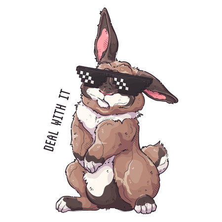 Cute rabbit with meme pixel glasses. Deal with it - lettering quote. Fluffy bunny for posters, postcards, t-shirt print. Vector hand drawn style illustration.のイラスト素材