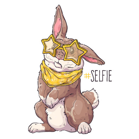 Cute rabbit with glasses and bandana. Fluffy bunny for posters, postcards, t-shirt print. Vector hand drawn style illustration.のイラスト素材