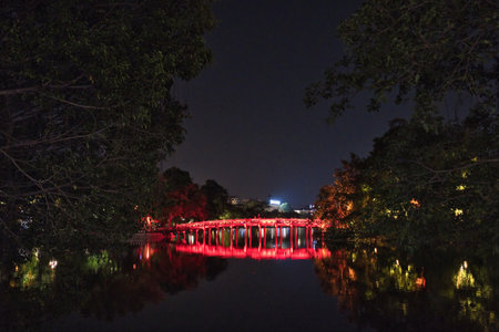 Hanoi, Vietnam, View of the iconic Huc Bridgeの写真素材