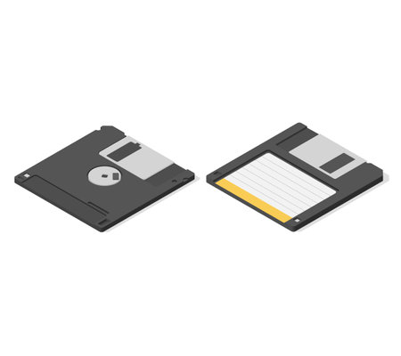 2 sides of an old technology floppy disc isolated on white background. Data storage vector illustration in isometric 3D styleのイラスト素材