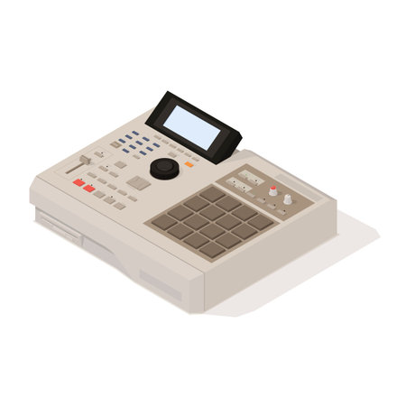 Vector old school 90s drum machine in isometric 3D style. Retro digital musical instrument for hip-hop producers and beatmakersのイラスト素材
