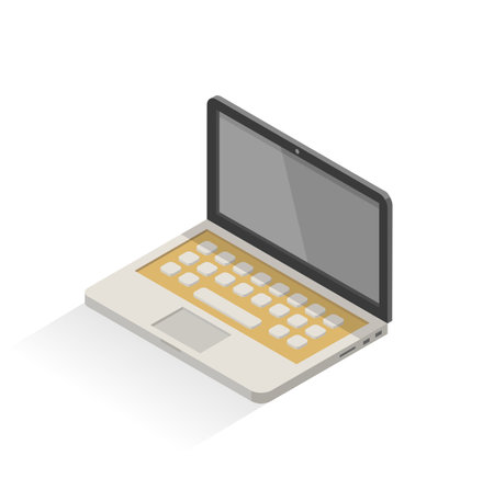 Laptop vector isometric. Vector isometric illustration of computer. Notebook with large buttons on yellow keyboard. Simple. Isolated.のイラスト素材