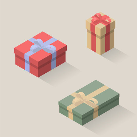 Vector isometric illustrations of gifts. Set of present boxes. Red, green and yellow boxes.のイラスト素材
