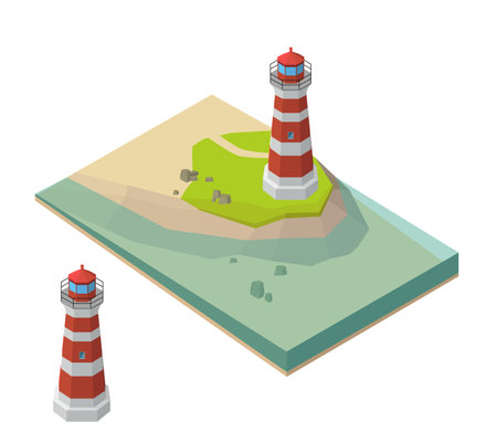 Vector isometric landscape representing lighthouse on the small island near the sea.のイラスト素材