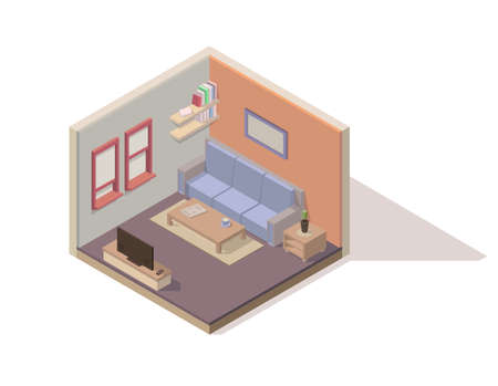 Vector isometric low poly living room cutaway icon. Vector isometric room elements: sofa, coffee table, TV, bookshelf, etc.のイラスト素材