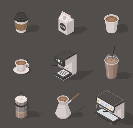 Vector isometric coffee shop set. Includes opened and closed paper cups, milk box, coffee machine, tea brewer, plastic cup with tube. Isolated. Vintage.のイラスト素材