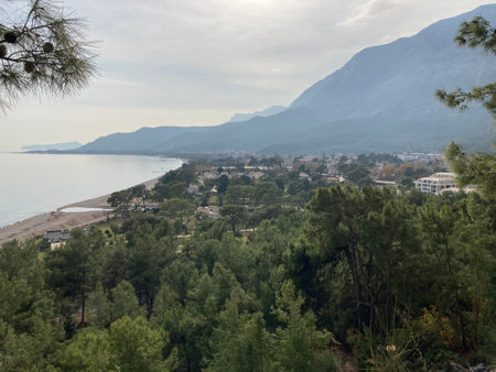 View of the village near the sea from Mount Turkey, Antalya provinceの写真素材