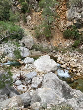 A small crystal clear mountain river flows among the stones, finding its wayの写真素材