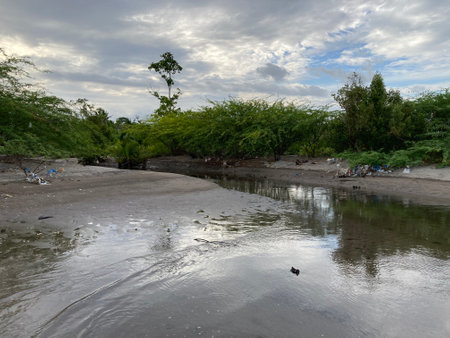 Philippines The river flowing down from the mountains flows into the sea on the shores of pollution with plastic and other garbage ecologyの写真素材