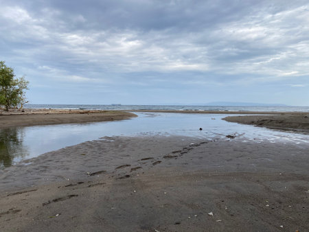 Sandbar is formed at low tide of water waves gently caress warm sandの写真素材
