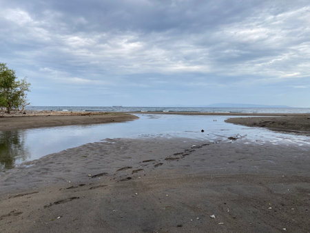 Sandbar is formed at low tide of water waves gently caress warm sandの写真素材