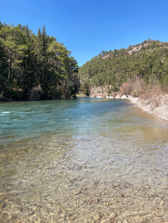 The strong stream of the mountain river comes down from the mountains crystal clear and icy