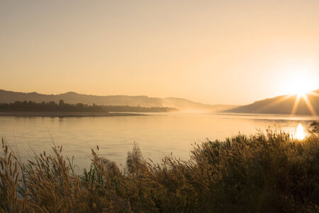 Sunrise, grass and riverの写真素材