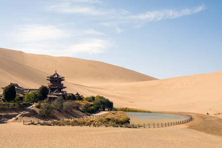 Chinese temple in desert, Mingsha Shan, Dunhuang, Chinaの写真素材