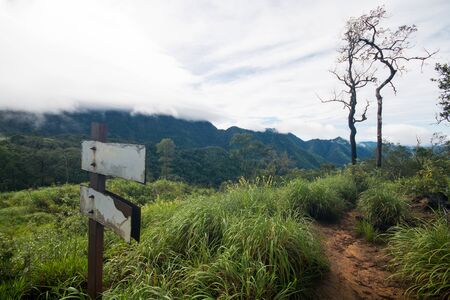 Way sign or trekkers and view of mountain