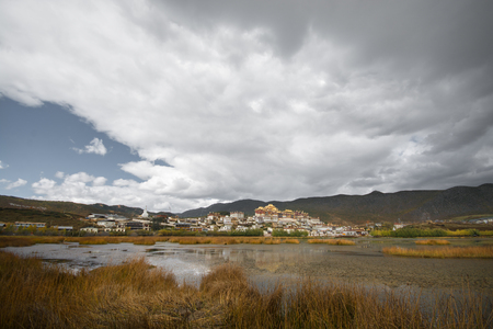 The lake view at Songzanlin Monastery, Shangri-la County, Yunnan Province, Chinaの写真素材
