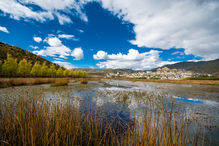 The lake view at Songzanlin Monastery, Shangri-la County, Yunnan Province, Chinaの写真素材