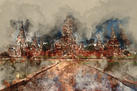 Ancient temple in Thailand,  digital watercolor paintingの写真素材