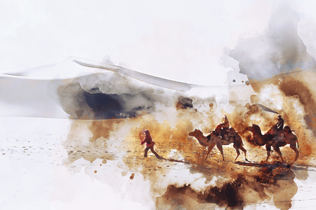 Dunhuang,Gansu, China - October 11, 2014: Group of tourists are riding camels in the desert at Dunhuang City , China. This place is a part of silk road in the history.の写真素材