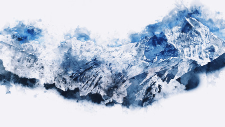 Abstract mountains in blue tone,  digital watercolor paintingの写真素材